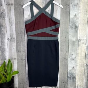 RAOUL Burgundy Gray Navy Crisscross Front Halter Dress Size 8